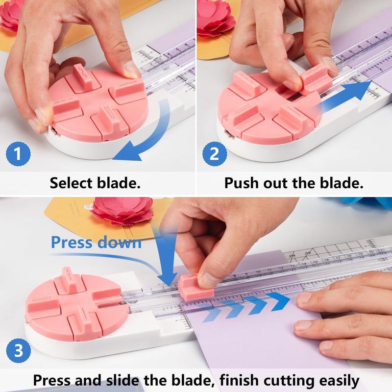 ecraft Pink Paper Cutter 4-in-1 Paper Trimmer Multi-Function Scrapbooking Tool with Straight, Wave, Perforated & Creasing Blades for Craft Paper,Cardstock, Coupon, Label, Photo,Postcard - Image 5